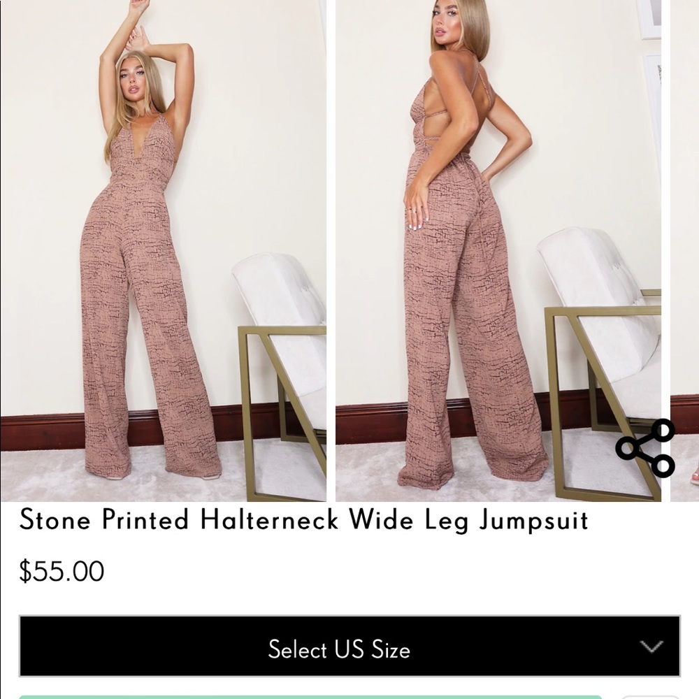 PrettyLittleThing: Stone Printed Halterneck Wide Leg Jumpsuit